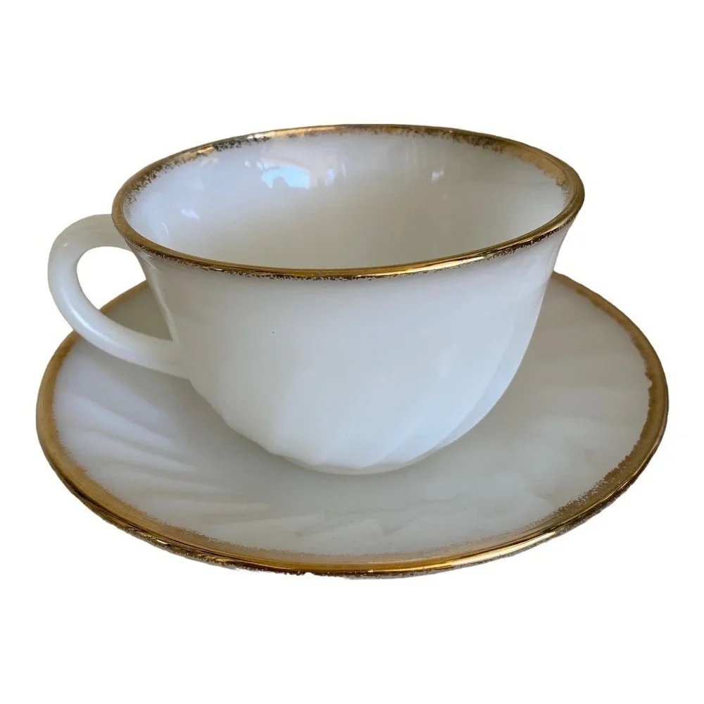 VTG Anchor Hocking FIRE-KING White Swirl Milk Glass Tea Cup Saucer Gold Rim